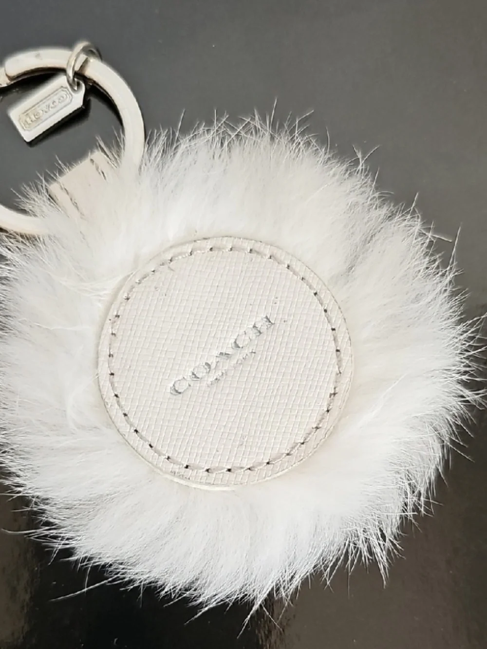 COACH WHITE FURRY LION KEYRING W/COACH CHARM SILVER-TONE NWT W/COACH BOX